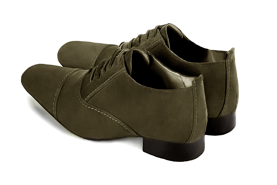 Khaki green lace-up dress shoes for men. Round toe. Flat leather soles. Rear view - Florence KOOIJMAN