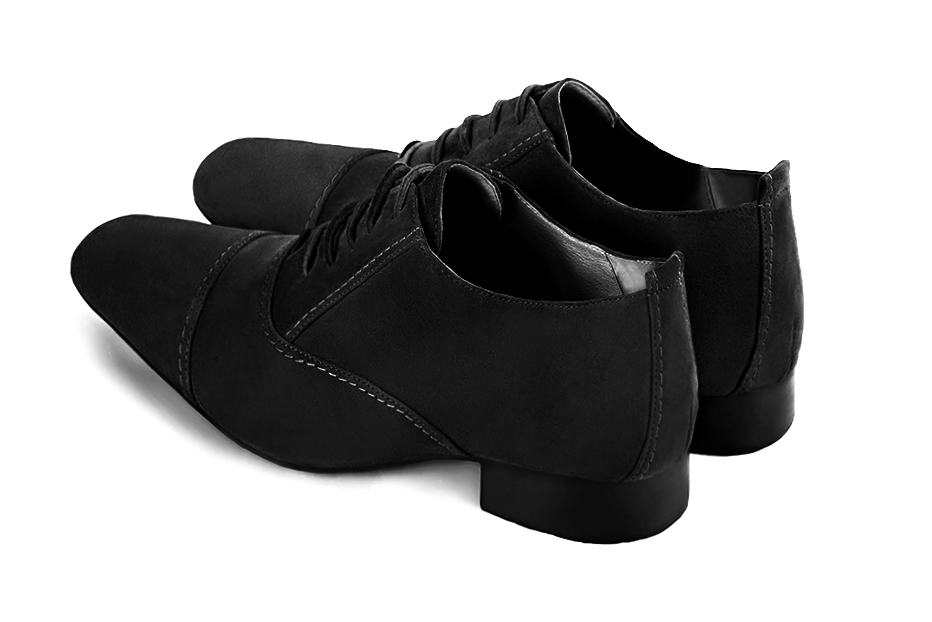 Matt black lace-up dress shoes for men. Round toe. Flat leather soles. Rear view - Florence KOOIJMAN