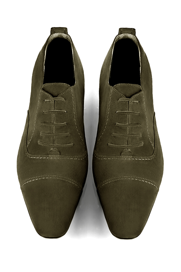 Khaki green lace-up dress shoes for men. Round toe. Flat leather soles. Top view - Florence KOOIJMAN