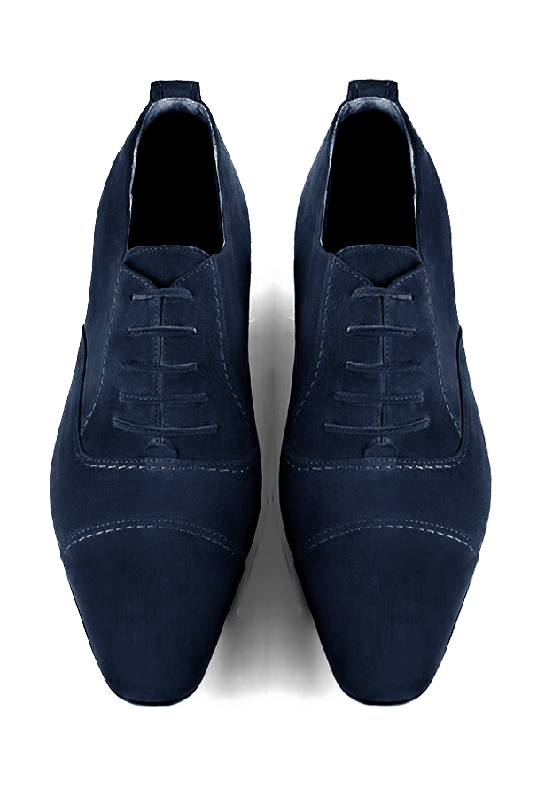 Navy blue lace-up dress shoes for men. Round toe. Flat leather soles. Top view - Florence KOOIJMAN