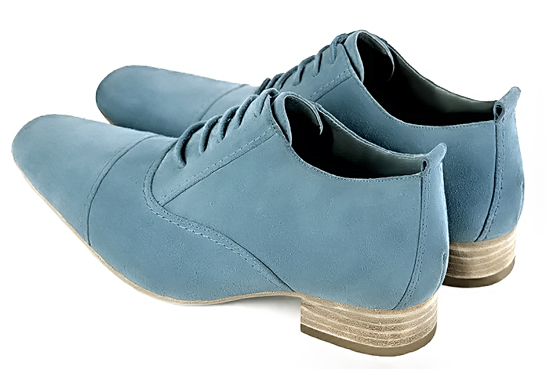 Sky blue lace-up dress shoes for men. Round toe. Flat leather soles. Rear view - Florence KOOIJMAN