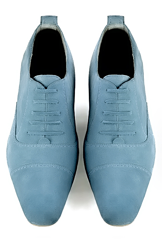 Sky blue lace-up dress shoes for men. Round toe. Flat leather soles. Top view - Florence KOOIJMAN