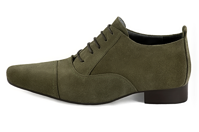 Khaki green lace-up dress shoes for men. Round toe. Flat leather soles. Profile view - Florence KOOIJMAN
