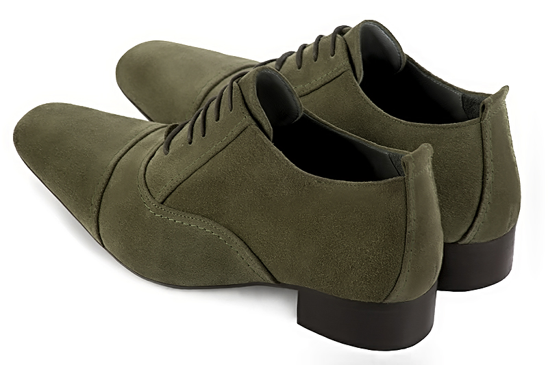 Khaki green lace-up dress shoes for men. Round toe. Flat leather soles. Rear view - Florence KOOIJMAN