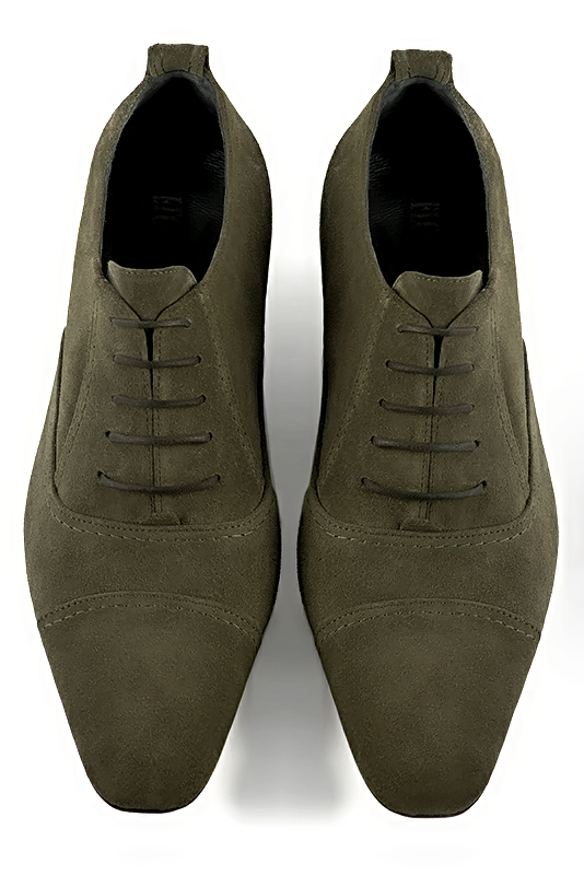 Khaki green lace-up dress shoes for men. Round toe. Flat leather soles. Top view - Florence KOOIJMAN