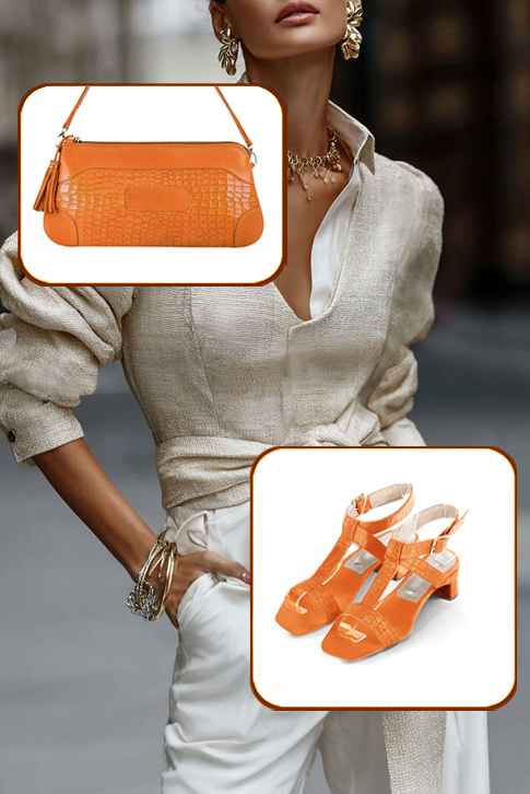 Dress sandals instep strap fully open in apricot orange leather with kitten heels and square toe - Worn view