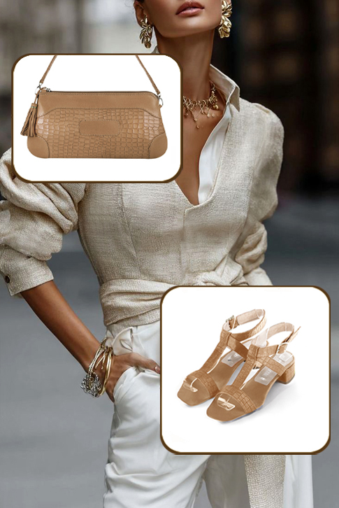 Dress sandals instep strap fully open in camel beige leather with low flare heels and square toe - Worn view