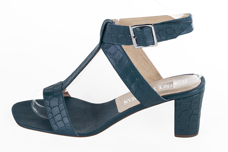 Denim blue women's fully open sandals, with an instep strap. Square toe. Medium block heels. Profile view - Florence KOOIJMAN