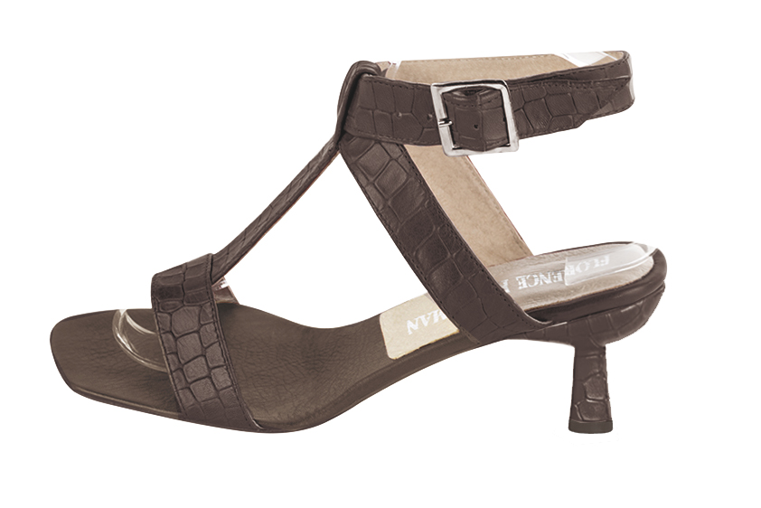 Dark brown women's fully open sandals, with an instep strap. Square toe. Medium spool heels. Profile view - Florence KOOIJMAN