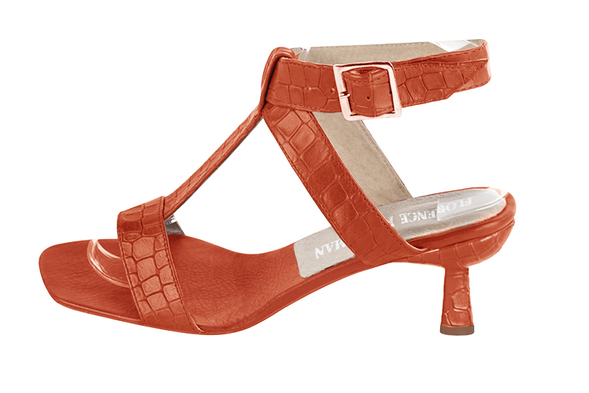Terracotta orange women's fully open sandals, with an instep strap. Square toe. Medium spool heels. Profile view - Florence KOOIJMAN