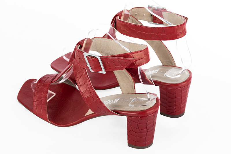 Scarlet red women's fully open sandals, with an instep strap. Square toe. Medium block heels. Rear view - Florence KOOIJMAN
