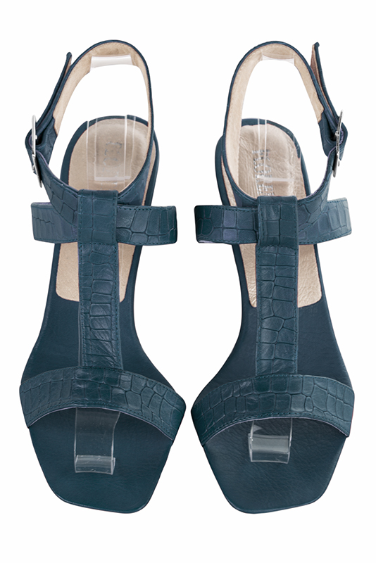 Denim blue women's fully open sandals, with an instep strap. Square toe. Medium block heels. Top view - Florence KOOIJMAN