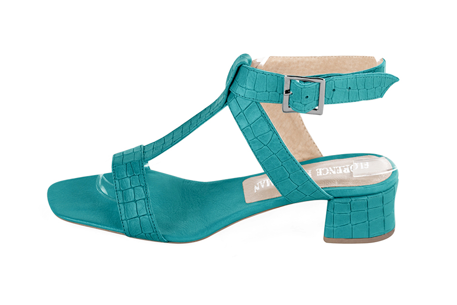 Turquoise blue elegant fully open sandals with instep strap. Square toe. Low flare heels. - Florence KOOIJMAN