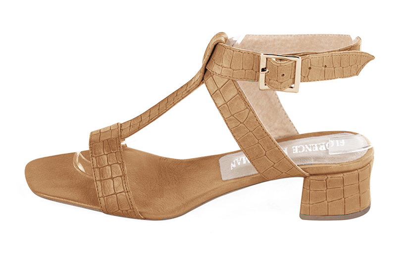 Camel beige women's fully open sandals, with an instep strap. Square toe. Low flare heels. Profile view - Florence KOOIJMAN