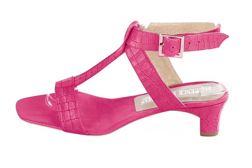 Fuschia pink women's fully open sandals, with an instep strap. Square toe. Low kitten heels. Profile view - Florence KOOIJMAN