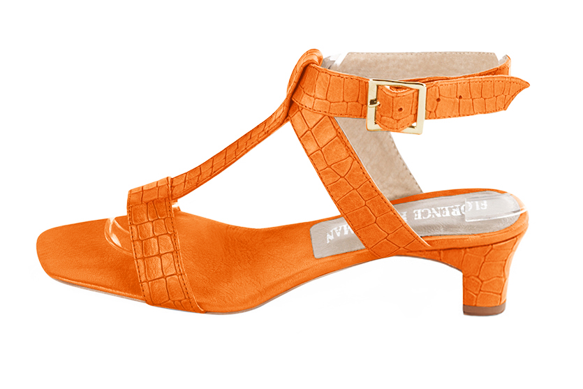 Apricot orange women's fully open sandals, with an instep strap. Square toe. Low kitten heels. Profile view - Florence KOOIJMAN