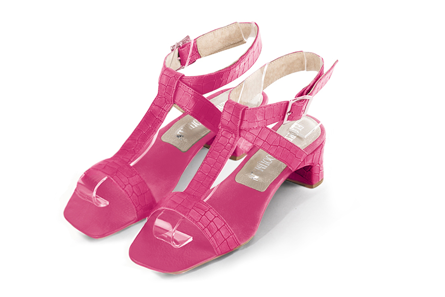 Dress sandals instep strap fully open in fuchsia pink leather with kitten heels and square toe - Front view
