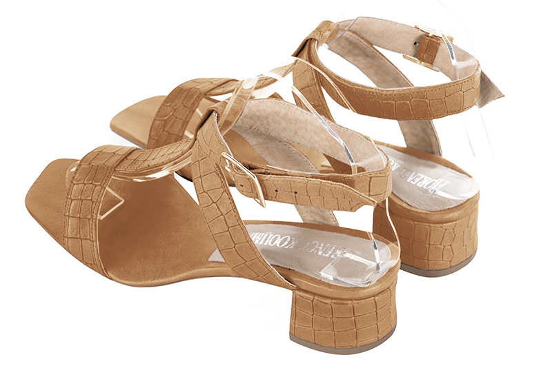 Camel beige women's fully open sandals, with an instep strap. Square toe. Low flare heels. Rear view - Florence KOOIJMAN