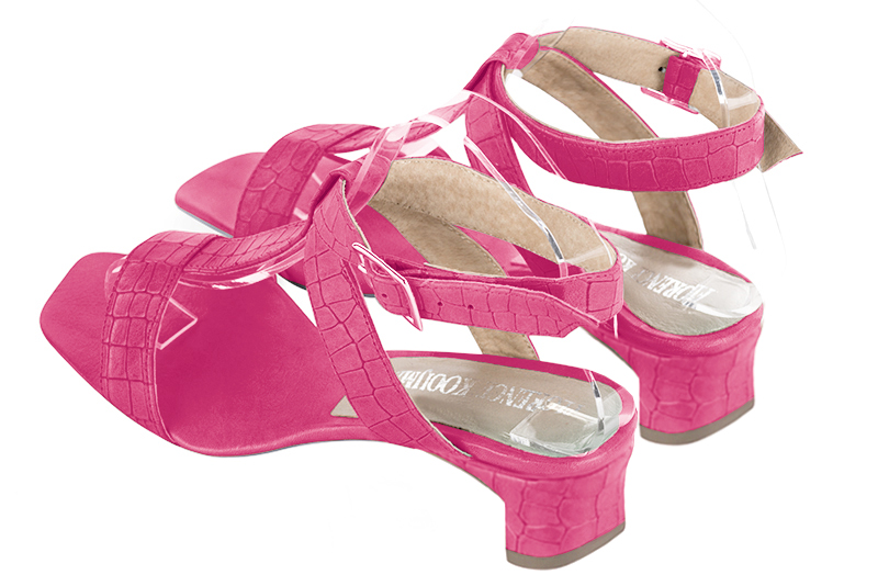 Fuschia pink women's fully open sandals, with an instep strap. Square toe. Low kitten heels. Rear view - Florence KOOIJMAN
