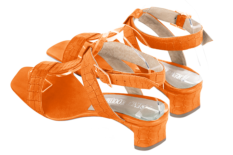 Apricot orange women's fully open sandals, with an instep strap. Square toe. Low kitten heels. Rear view - Florence KOOIJMAN