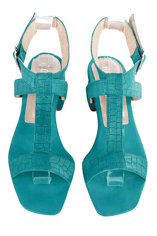 Turquoise blue women's fully open sandals, with an instep strap. Square toe. Low flare heels. Top view - Florence KOOIJMAN