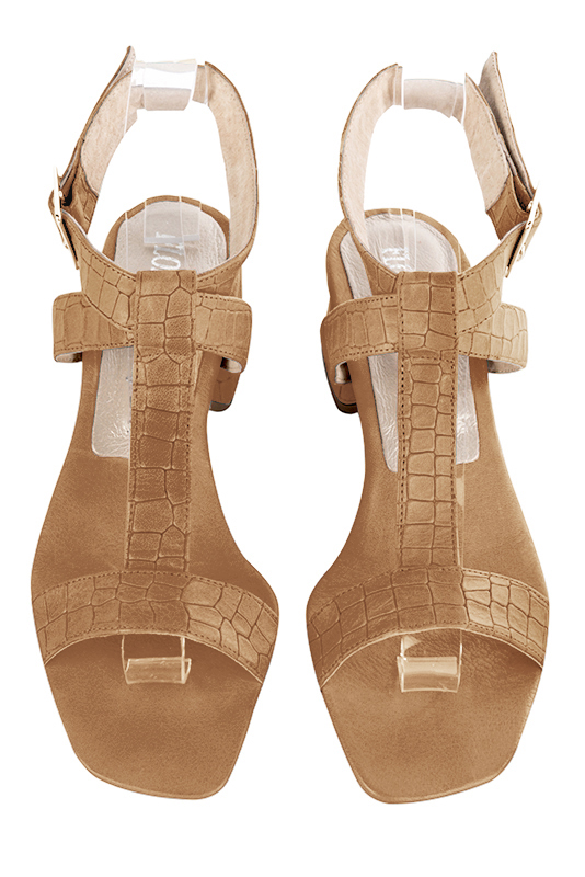 Camel beige women's fully open sandals, with an instep strap. Square toe. Low flare heels. Top view - Florence KOOIJMAN