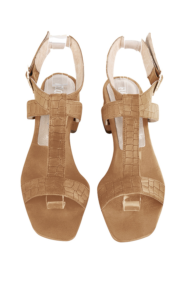 Dress sandals instep strap fully open in camel beige leather with low flare heels and square toe - Top view