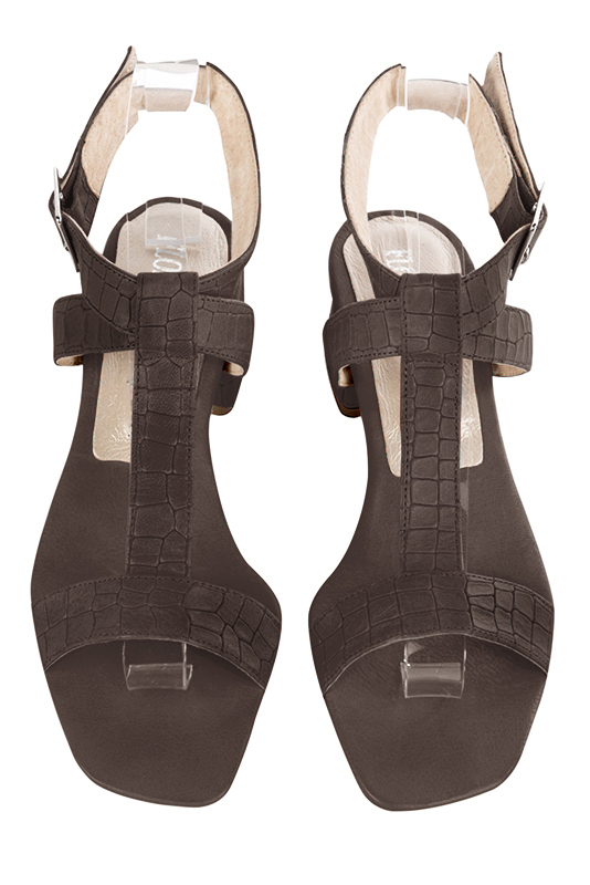 Dark brown women's fully open sandals, with an instep strap. Square toe. Medium spool heels. Top view - Florence KOOIJMAN