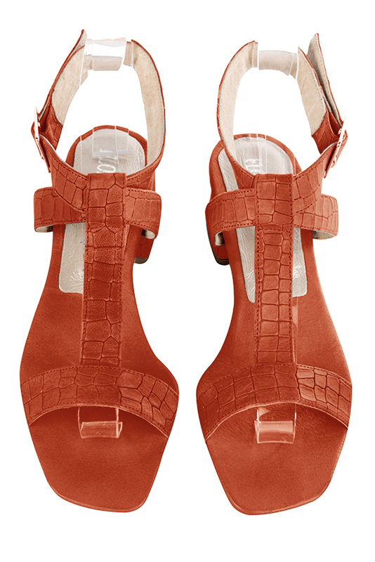 Terracotta orange women's fully open sandals, with an instep strap. Square toe. Medium spool heels. Top view - Florence KOOIJMAN