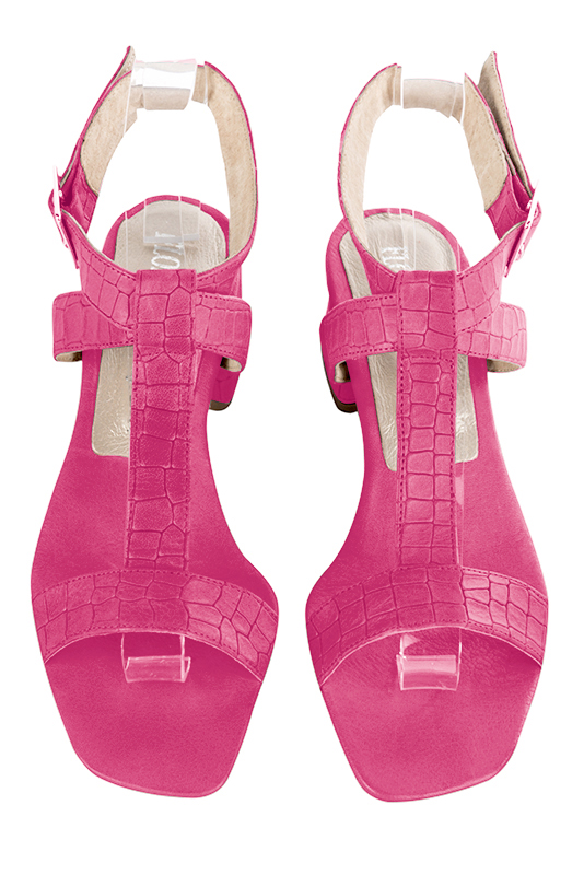 Fuschia pink women's fully open sandals, with an instep strap. Square toe. Low kitten heels. Top view - Florence KOOIJMAN