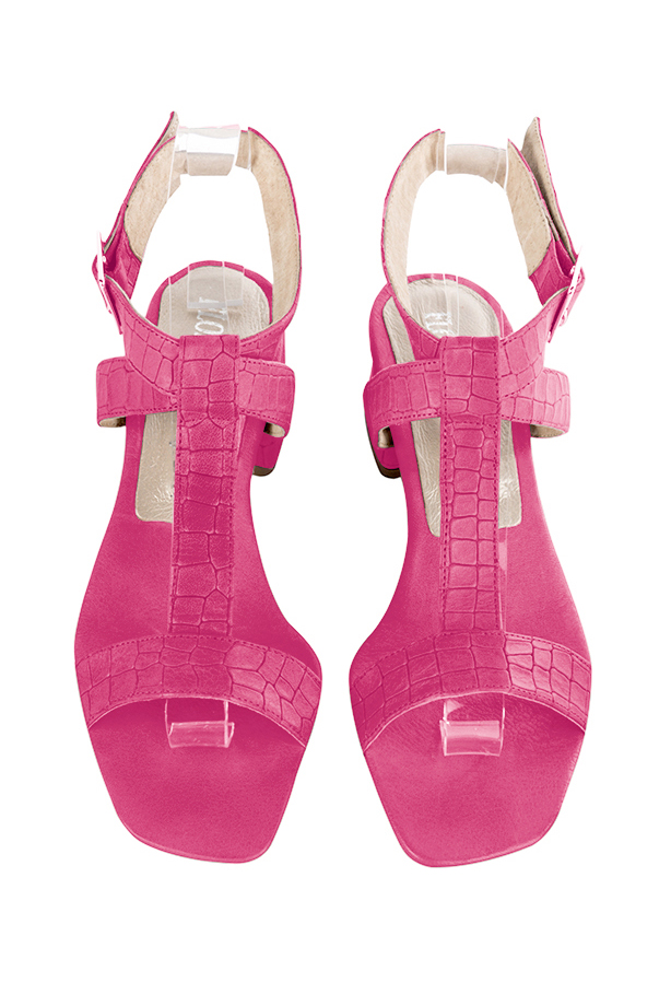 Dress sandals instep strap fully open in fuchsia pink leather with kitten heels and square toe - Top view