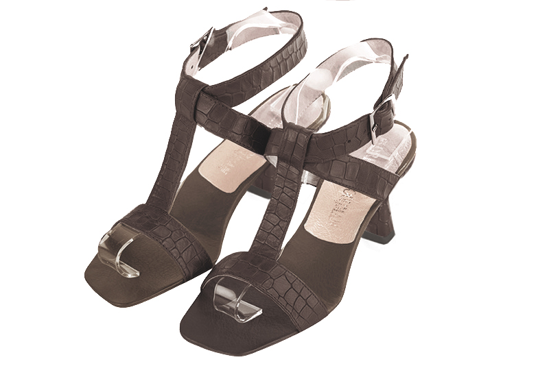 Dark brown women's fully open sandals, with an instep strap. Square toe. Medium spool heels. Front view - Florence KOOIJMAN