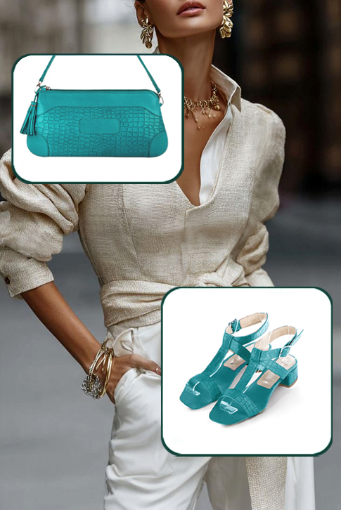 Dress sandals instep strap fully open in turquoise blue leather with low flare heels and square toe - Worn view
