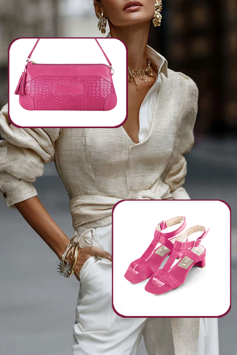Dress sandals instep strap fully open in fuchsia pink leather with kitten heels and square toe - Worn view