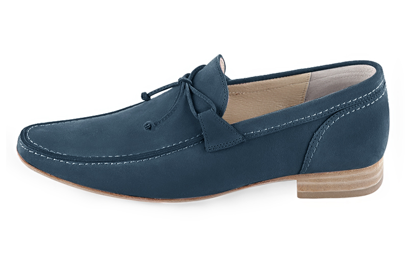 Peacock blue dress loafers for men. Round toe. Flat leather soles. Profile view - Florence KOOIJMAN