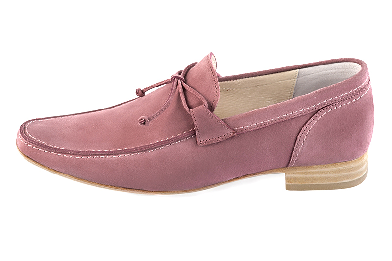 Dusty rose pink dress loafers for men. Round toe. Flat leather soles. Profile view - Florence KOOIJMAN