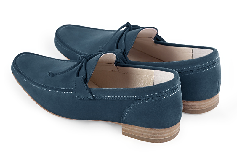 Peacock blue dress loafers for men. Round toe. Flat leather soles. Rear view - Florence KOOIJMAN