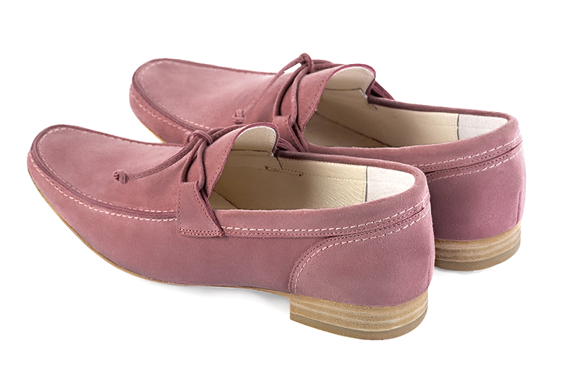Dusty rose pink dress loafers for men. Round toe. Flat leather soles. Rear view - Florence KOOIJMAN