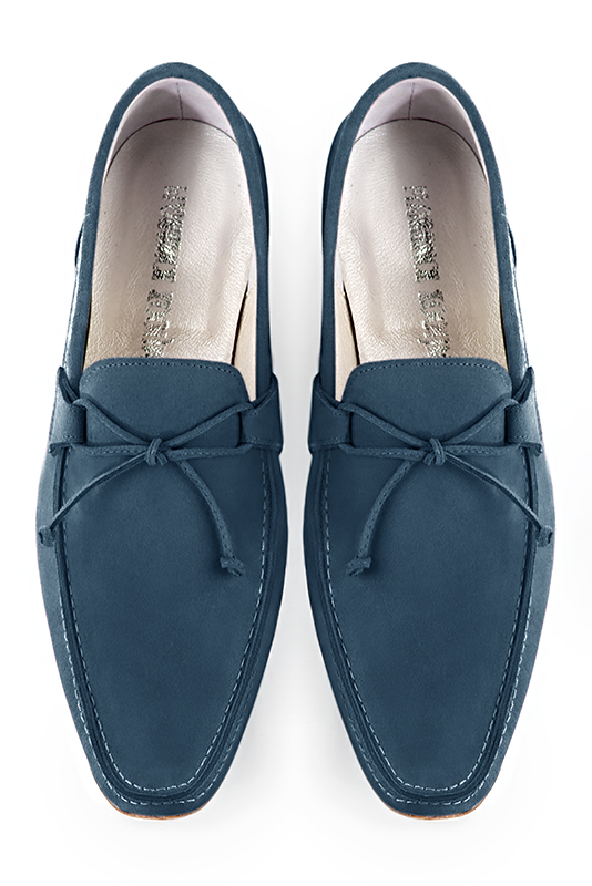 Peacock blue dress loafers for men. Round toe. Flat leather soles. Top view - Florence KOOIJMAN