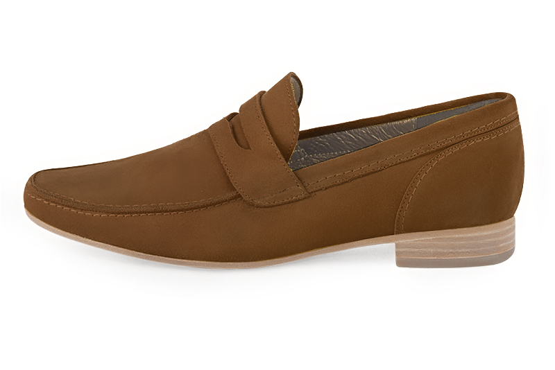 Caramel brown dress loafers for men. Round toe. Flat leather soles. Profile view - Florence KOOIJMAN