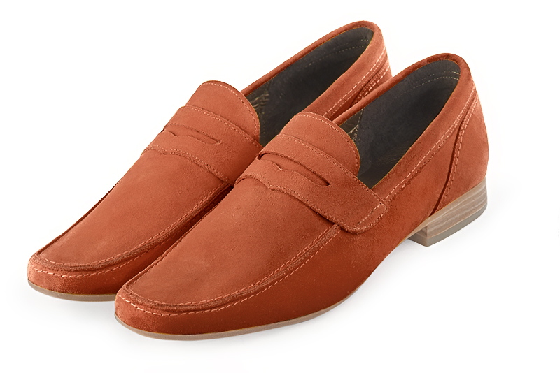 Terracotta orange dress loafers for men. Round toe. Flat leather soles - Florence KOOIJMAN