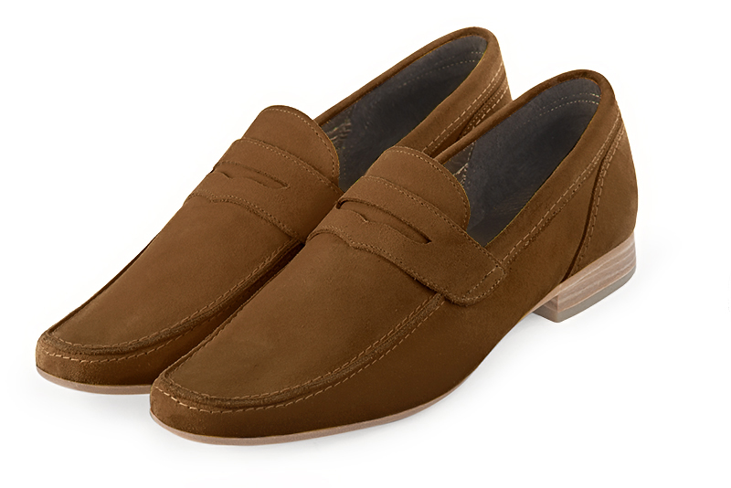 Caramel brown dress loafers for men. Round toe. Flat leather soles - Florence KOOIJMAN