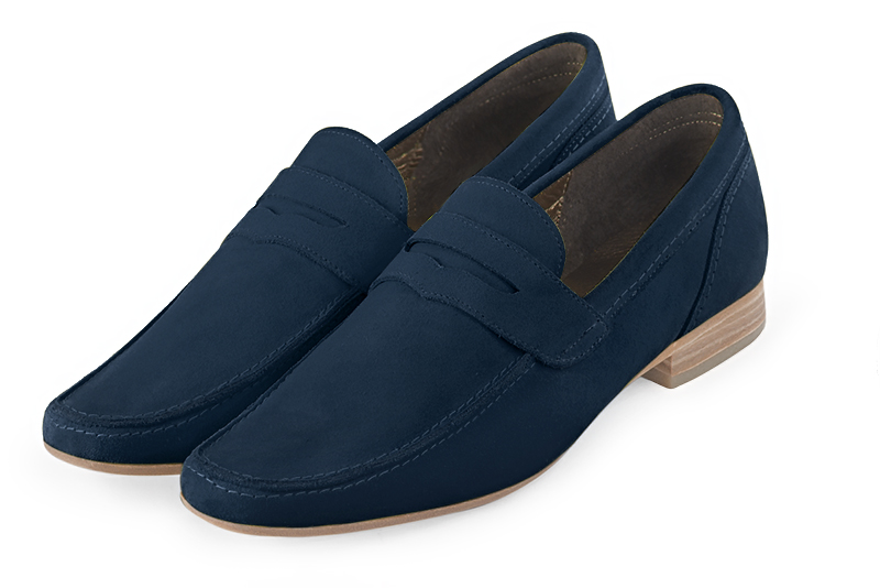 Navy blue dress loafers for men. Round toe. Flat leather soles - Florence KOOIJMAN