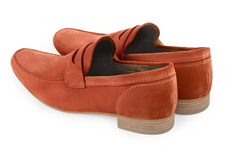 Terracotta orange dress loafers for men. Round toe. Flat leather soles. Rear view - Florence KOOIJMAN