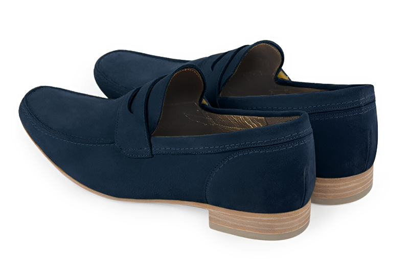 Navy blue dress loafers for men. Round toe. Flat leather soles. Rear view - Florence KOOIJMAN