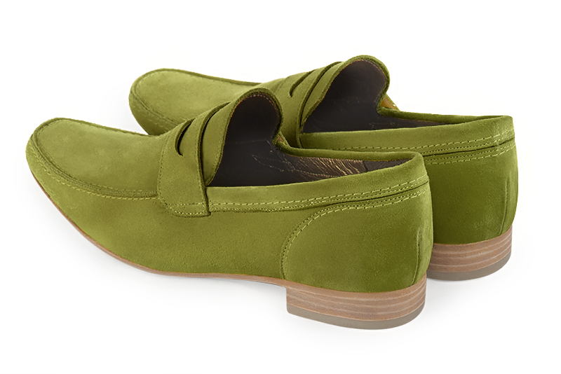 Pistachio green dress loafers for men. Round toe. Flat leather soles. Rear view - Florence KOOIJMAN