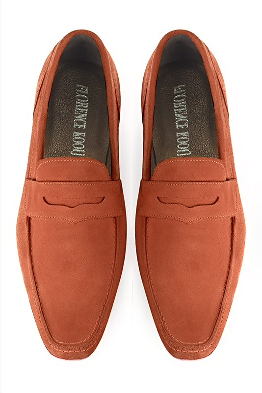 Terracotta orange dress loafers for men. Round toe. Flat leather soles. Top view - Florence KOOIJMAN