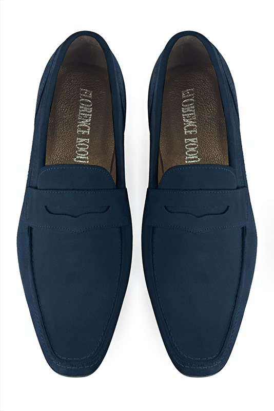 Navy blue dress loafers for men. Round toe. Flat leather soles. Top view - Florence KOOIJMAN