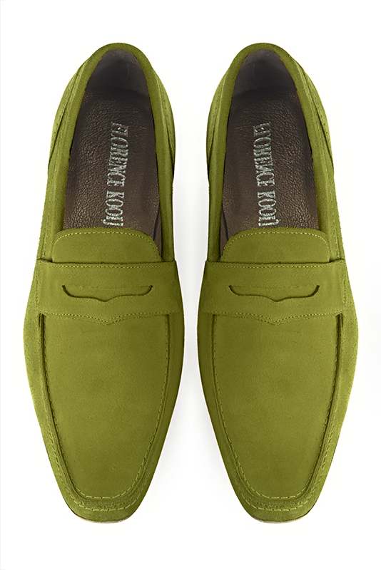 Pistachio green dress loafers for men. Round toe. Flat leather soles. Top view - Florence KOOIJMAN