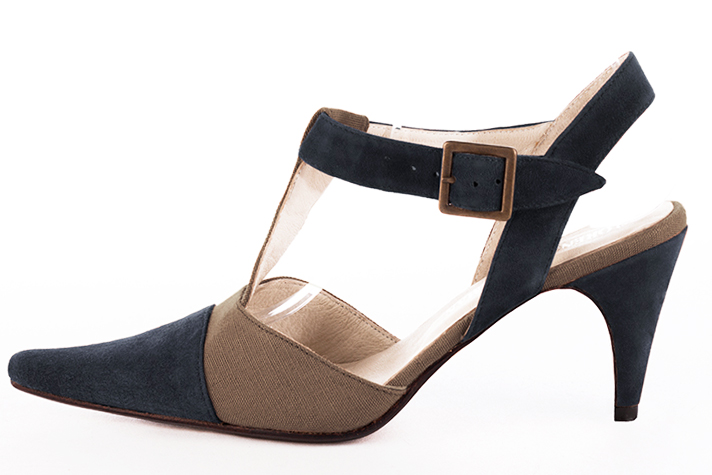 Navy blue and camel beige women's open back T-strap shoes. Tapered toe. High slim heel. Profile view - Florence KOOIJMAN